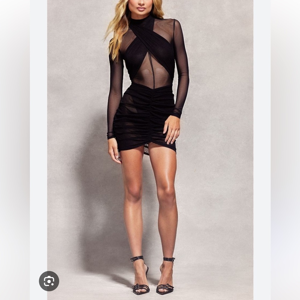Black Sheer Ruched Mini Dress